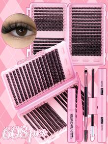 MEM 640片装睫毛嫁接套装，DIY睫毛嫁接套装，D型卷翘浓密单根睫毛簇套装，含胶水、封层剂和睫毛夹，适合日常使用，睫毛套装，睫毛簇，适合旅行、日常佩戴、新手、婚礼、约会、派对、节日，是圣诞节/万圣节/送礼的理想睫毛套装，假睫毛 - 黑色 - 查看 8