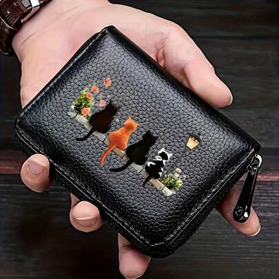 Cartera pequeña de mujer con 9 ranuras para tarjetas, diseño acordeón, monedero con cremallera, antirremagnetización, con estampado de 3 gatos negros, cuervos y 4 gatos, regalo de estudiante para mujer