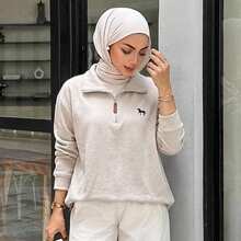 Livesso Pattern Printed Half-Zipper Leisure Sweatshirt,Ladies Spring/Fall Casual Embroidery,Patched,Zipper Long Sleeve Collar Regular Fit Regular Light Grey Viscose Drop Shoulder Half Placket Women Hoodies,Long Sleeve Tops - Light Grey - View 6