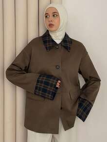 DAZY 新款秋季女士拼接常规休闲夹克外套 - 咖啡棕 - 查看 3