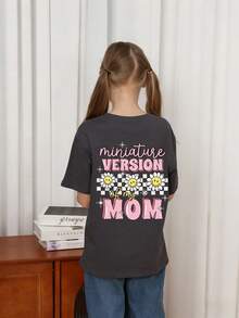Tween Girl Funny "MINIATURE VERSION OF MY MOM" Cartoon Print T-Shirt, Suitable For Girls' Daily Wear, Mother-Daughter Matching And Special Occasions, Cute And Fashion Top For Girls In Summer - Dark Grey - View 3