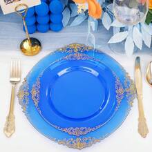 102PCS Blue Plastic Plates - Royal Gold Disposable Plates - Clear Blue Party Plate - Heavyweight Disposable Plate With Gold Rim - Fancy Dinner & Dessert Plates For 51 Guests Party Wedding - 藍色 - 查看 8