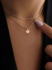 2pcs Classic Round Snake Bone Chain And Copper Square Letter A Cubic Zirconia Pendant Necklace Set - Yellow Gold - View 1