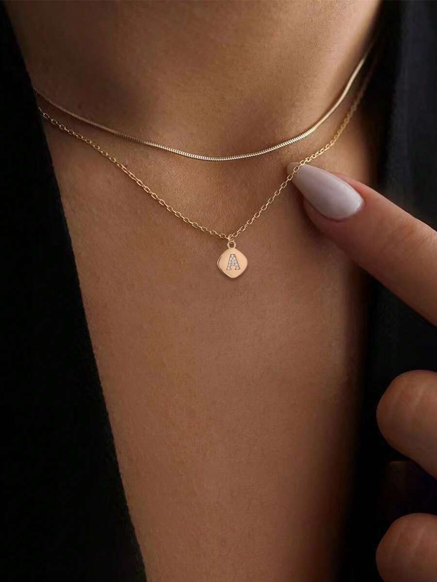 2pcs Classic Round Snake Bone Chain And Copper Square Letter A Cubic Zirconia Pendant Necklace Set - Yellow Gold - View 1