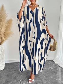 Elegant Fabric Arabian Dress Half Sleeve Batwing Design Notched Neck Split Detail Long Flowy Style - Apricot Blue - View 5