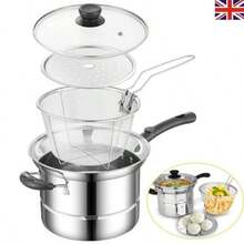 Non-Stick Chip Pan Set - 4Pcs Deep Fryer Pan With Basket & Lid, Stainless Steel Multi-Use Pot For Gas, Electric & Induction Cooking - Silver - View 1