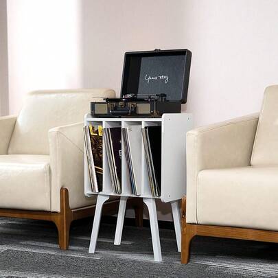 Soporte pequeño para tocadiscos - Ancho 29,7 cm, mesa de almacenamiento de discos de vinilo blanca con 4 gabinetes para hasta 80 álbumes, soporte para vinilo con patas de madera, estante de exhibición para tocadiscos para dormitorio y sala de estar