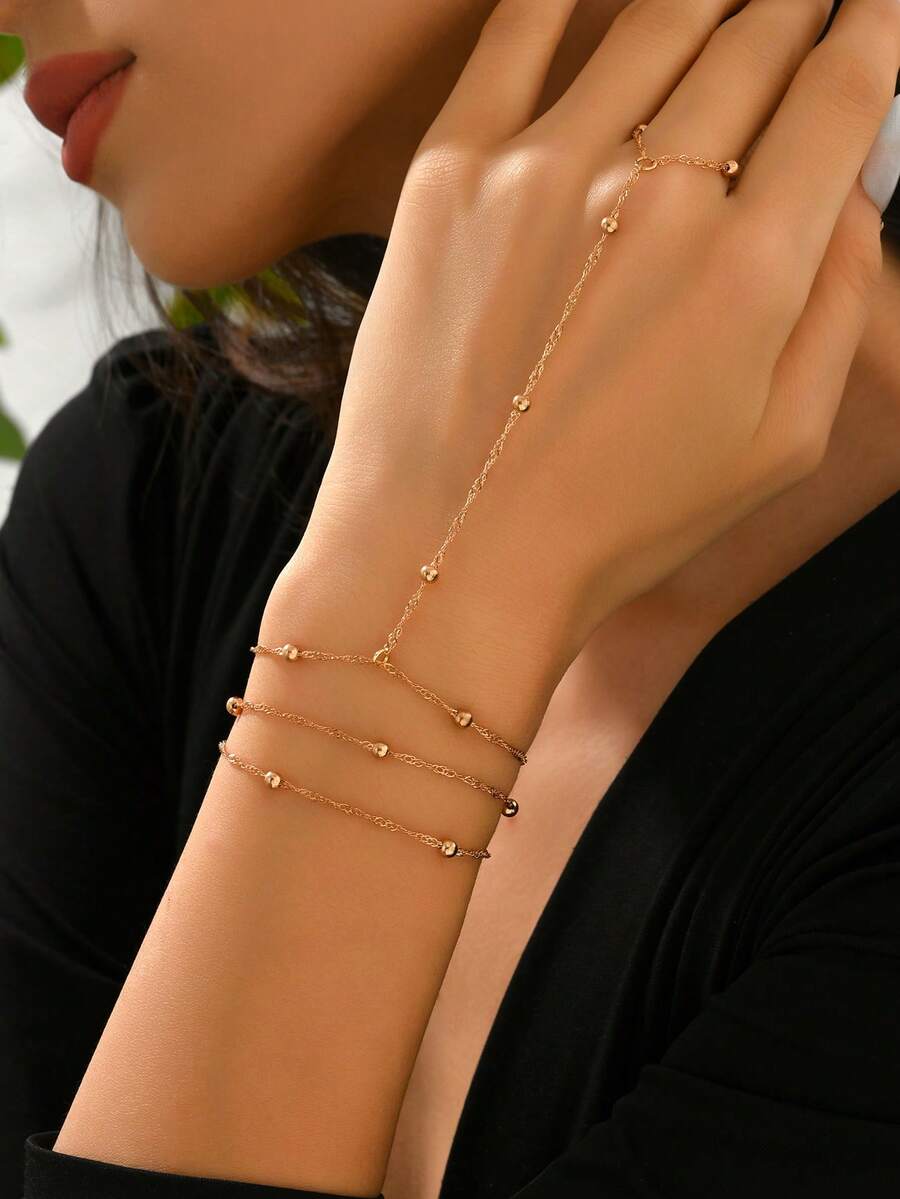 2件套经典金色串珠链条手链，优雅女士饰品，适合日常佩戴和派对场合，手工制作，链长可定制 - 金色 - 查看 1