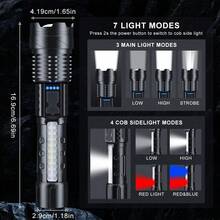 7 Modes Rechargeable LED Flashlight, Waterproof High Lumens Tactical Torch With COB Work Light & Power Display For Camping Hiking Emergency - Black - View 11