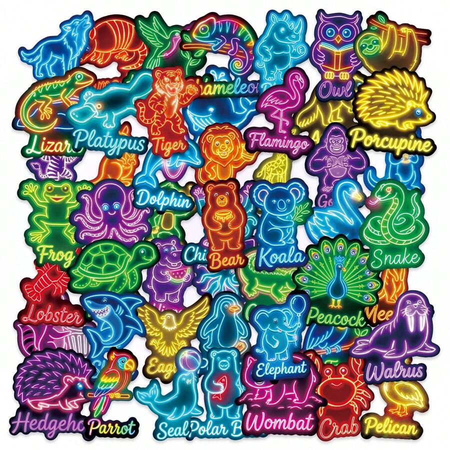 50Pcs Neon Animal Alphabet Stickers - Neon Decals With Animal Names, Educational Waterproof Stickers For Teens' Laptop, Water Bottle & School Supplies - Multicolor - View 1