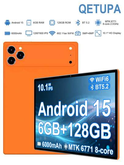 Qetupa 10.1 Inch Android 15 Tablet PC, MTK6771 Octa-Core 2.0GHz Processor, 6GB RAM + 128GB Storage (Supports 1TB Expansion), HD (1280x800) IPS Touchscreen, 5MP Front Camera And 8MP Rear Camera, 6000mAh Long-Lasting Battery, 802.11ax Wi-Fi 6, Bluetooth 5.2, GPS, Type-C Charging Port, No SIM Card Support