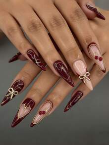 24pcs/Set Elegant Red Gold Press On Nails Long Stiletto Fake Nails With Bow And Chain Heart Design, Nail Press Ons Full Cover, Best Rated Press On Nails Kit, Durable Press In Nails For Quick Salon Style - 酒紅色 - 查看 10