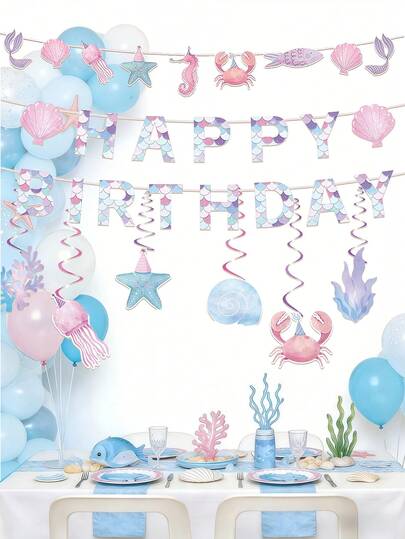 美人鱼主题生日装饰，美人鱼主题派对横幅和螺旋吊饰，海洋主题装饰用品，适合女士生日派对装饰、家居装饰、婴儿派对
