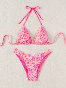 Swim Mod 2pcs/Set Women Cute Random Floral Print Reversible Halter Top And Adorable Bottoms Bikini Swimsuit Set, Holiday & Beach For Summer Beach Vacation - 粉色 - 查看 4