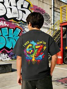 Tween Boy Colorful Paint "I WAS 6, NOW I'M 7" Creative 67 Print Tee, Suitable For Events, Casual Wear, Party, Birthday Gift For Boys, Birthday Party Celebration, Summer Top - Dark Grey - View 4