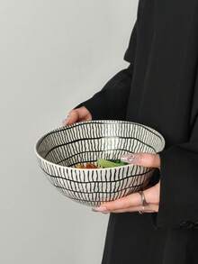 1pc Minimalist Geometric Line Pattern Ceramic Soup/Salad Bowl, Large Capacity Handpainted Line Design Dining Bowl - Multicolor - View 4