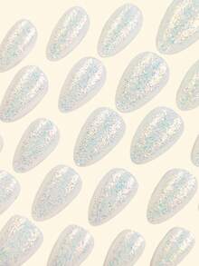 30pcs Press On Nails Short Almond French Nails Y2k White Nails Glitter Pattern Simple Reusable Press On Acrylic Nails Fake Nails Supplies Free Of 24 Pieces Of Jelly Tabs And A Mini File - White - View 2