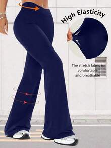 High Waist Flare Yoga Leggings Tight Fitness Wide Leg Pants For Women - Navy Blue - View 5