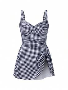 Women's Swim Dress Stylish Solid Color Or Plaid Sleeveless Sweetheart Neck Spaghetti Strap Bathing Suit For Beach Pool - 白色 - 查看 3