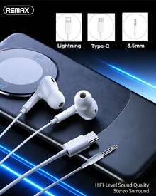 REMAX RM-575 有线耳机，符合人体工学设计，佩戴舒适，通话清晰，轻巧便携，享受无损音质，兼容苹果、华为、小米等设备，白色 - 白色 - 查看 4