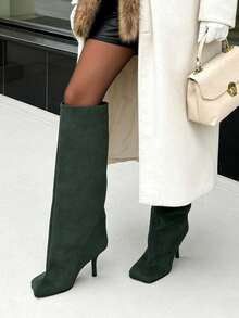 Women's Knee High Boots Slouchy Suede Stiletto Boots Kitten Heel  Wide-Calf Square Toe Long Boots Pull On Stiletto Heels Tall Boots For Women - 墨綠色 - 查看 9