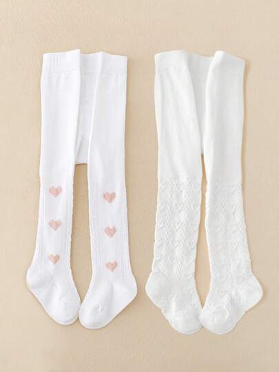 2pcs Girls' Heart Jacquard Mesh Stirrup Tights, Basic Minimalist Girls' Leggings For Spring, Autumn, All Seasons