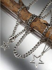 3pcs/Set Vintage Gothic Style Statement Star Charm Chunky Chain Necklace Set For Women, Punk Style - Silver - View 8
