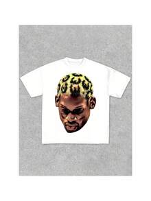 Cotton Vintage Basketball Player Print Tee, Street Style Hip Hop Crew Neck T-Shirt for Men &amp; Women, Summer Casual Wear - Blanco - Ver 1