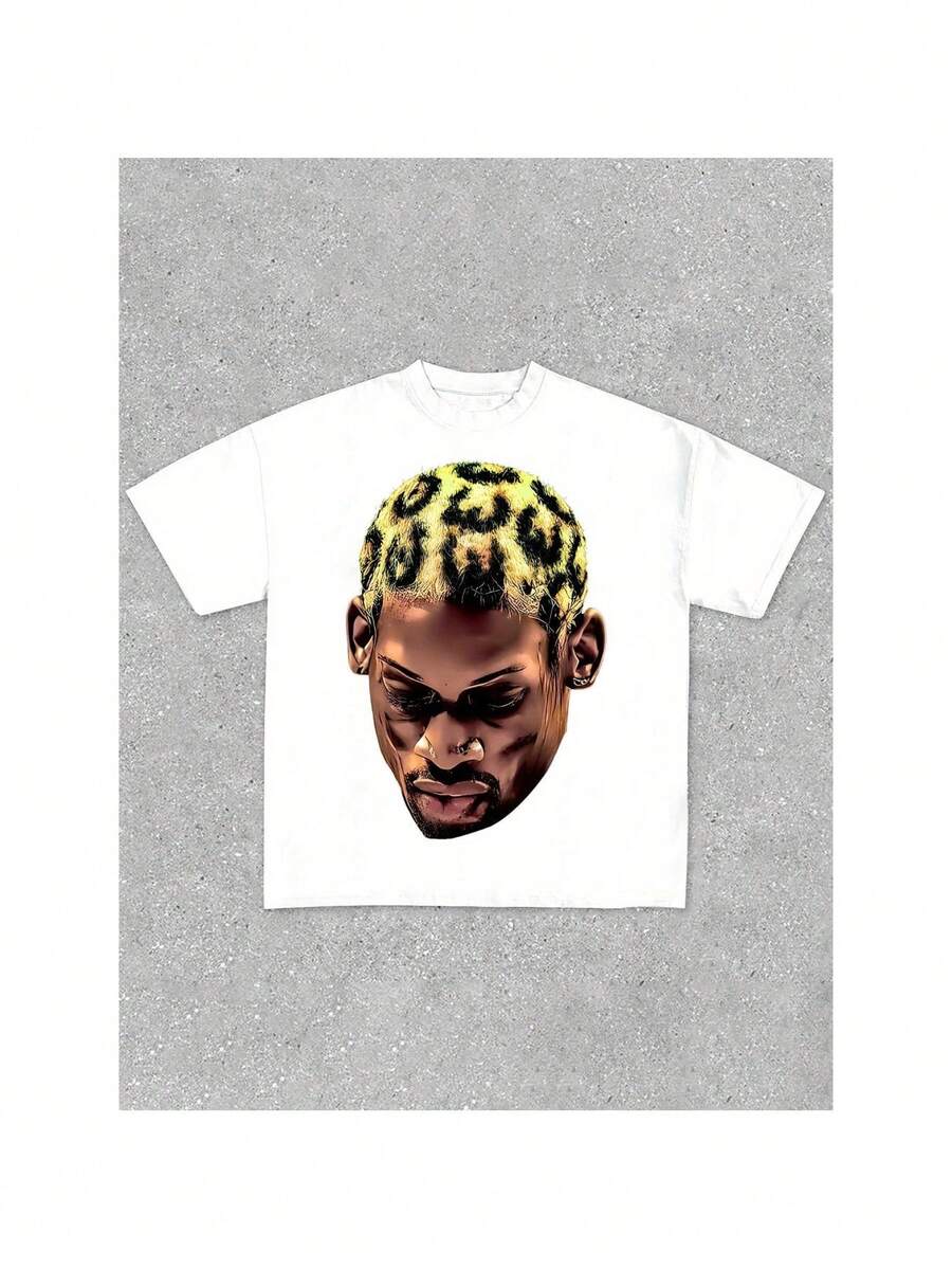 Cotton Vintage Basketball Player Print Tee, Street Style Hip Hop Crew Neck T-Shirt for Men &amp; Women, Summer Casual Wear - Blanco - Ver 1