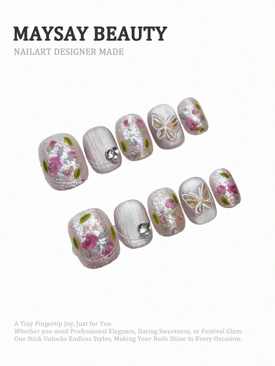 10 Stücke handgefertigte ovale Kunstnägel pro Set, mit silbernem Stern-Katzenaugen-Design und dekoriert mit silbernen Stern-Pailletten, inklusive Werkzeug. Es kann als Geschenkset für Frauen zu Feiertagen gegeben werden und ist für den täglichen Gebrauch durch Frauen jeden Stils geeignet. - Verschiedenfarbig - Übersicht 1