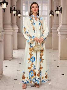 优雅穆斯林印花长裙，金色滚边，长袖立领长袍 - 米白色 - 查看 4