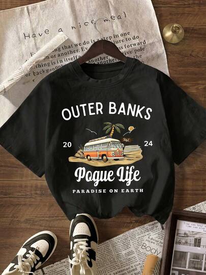 アウターバンクグラフィックプリントカジュアルラウンドネック半袖Tシャツ、ミニマリストデザイン、毎日着用可能、ブラック、夏用