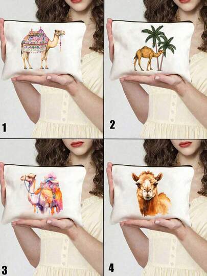 Camels & Coconut Trees Print Makeup Bag, Multiple Styles To Choose From, Colored Ink Style, Reusable Cosmetic Pouch With Camels Design, Lightweight, Cosmetic & Toiletry Organizer Bag, Zippered Cosmetic Bag, Lightweight Coin Purse, Toiletry Bag, Storage Bag, Travel Accessory, Perfect For Shopping, Versatile Use, For Organizing Makeup, Brushes, Accessories, New Year, Valentine's Day Gift, Ramadan Gift , Makeup Room Décor