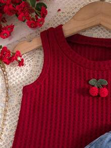 女婴华夫格纯色樱桃图案无袖圆领上衣 + 休闲刺绣牛仔裤 - 酒紅色 - 查看 10