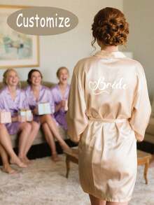1pc Customized Satin Bridal Robe, Personalized Text, Bridal & Bridesmaid Wedding Robe, Elegant Satin Robe, Customized Bridal Robe, Bridesmaid Prep Robe, Wedding Party Robe, Lace Trim Robe, Personalized Name Robe, Bridal Robe Gift, Bridal Party Gift, Silky Loungewear, Minimalist, Fun, Customized, Unique, Matching Bridesmaid Silky Loungewear Special Bridal Gift, Bestie, Girlfriend, Fashionable Autumn - Multicolor - View 3