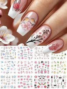 12pcs/Sheet Pink, Blue, Green Floral Water Decals, Spring Nail Art Stickers With Sakura, Peony, Hibiscus, Butterfly, Bird Patterns Nails - Multicolor - View 1