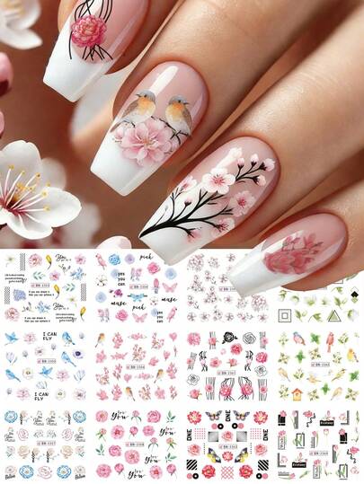 12 Designs 1pc Spring Nail Stickers Pink Blue Green Flower Water Decals For Nails Cherry Blossom Peonies Hibiscus Butterflies Birds Pattern Watermaker Sliders Manicure Decoration