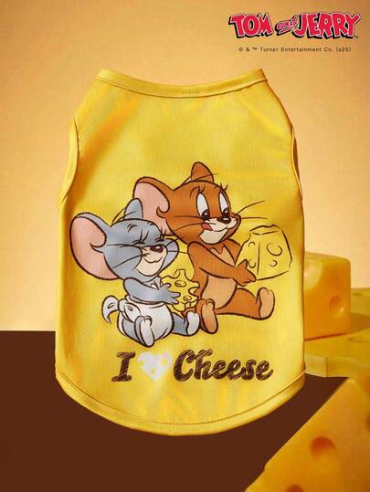 TOM & JERRY X PETSIN 1件卡通可爱“我爱奶酪”印花黄色猫狗通用弹力舒适狗狗背心