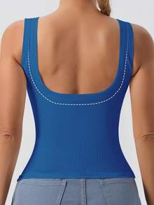 Ladies' Large U-Shaped Beautiful Back Casual Sports Vest, Women's Detachable Chest Pad, Fitted Solid Color, Worn Inside And Outside, Base Layer, Tank Vest - Xanh đậm - Xem 2