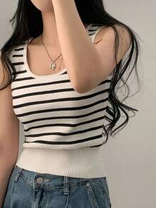 女士休闲条纹针织无袖圆领背心 - 白色 - 查看 3