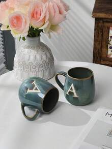 1pc Large Ceramic Letter Handle Coffee Mug, 600ml, Retro Ombre High-Quality Personalized Letter Mug, Handmade Ceramic Tea Cup, Suitable For Home, Office, Afternoon Tea, Gatherings And Cafes, Microwave , Reusable - Multicolor - View 3