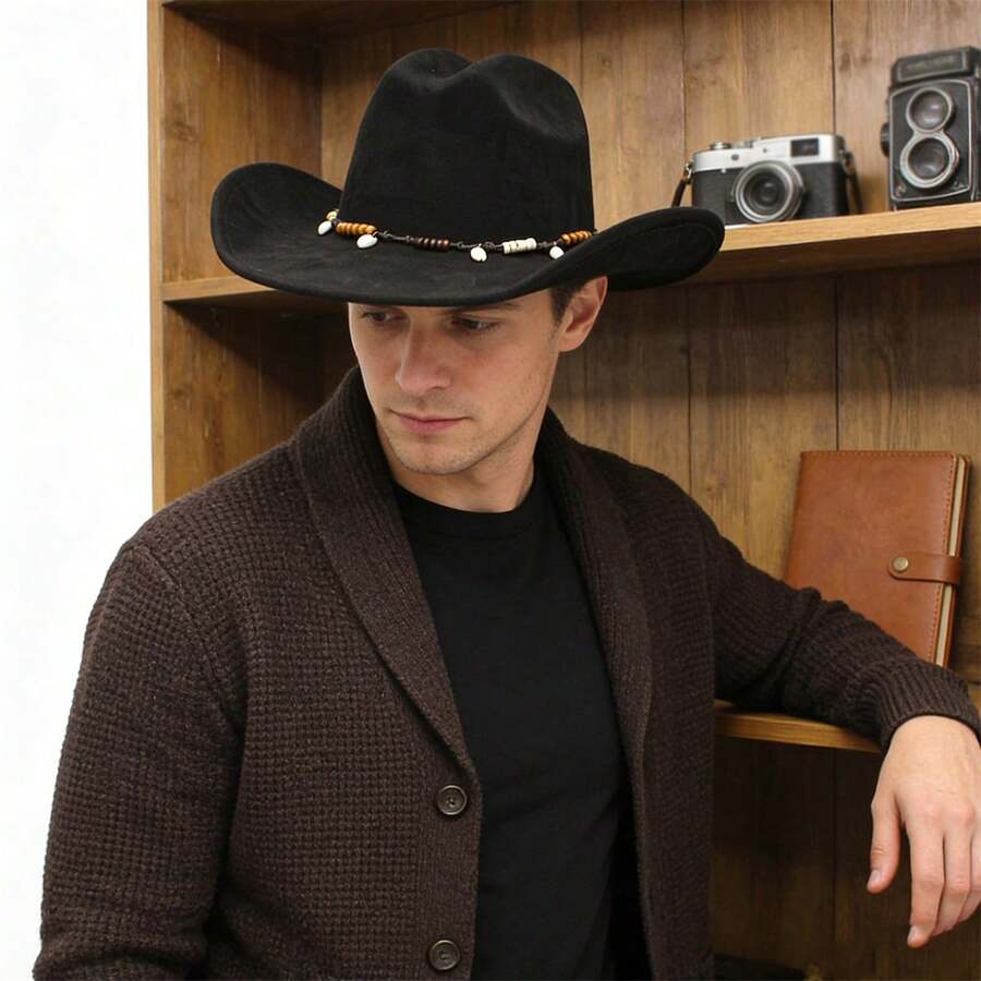 Vintage Western Hat With Beaded Belt Felt Cowgirl Hat Casual Wide Brim Jazz Cap For Women Men For Daily Party Club - 黑色 - 查看 1