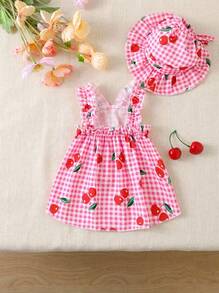 PETSIN Kitten & Puppy, Classic Blue Plaid With Cherry Print Hooded Dress Set For Dogs - Pink - View 4