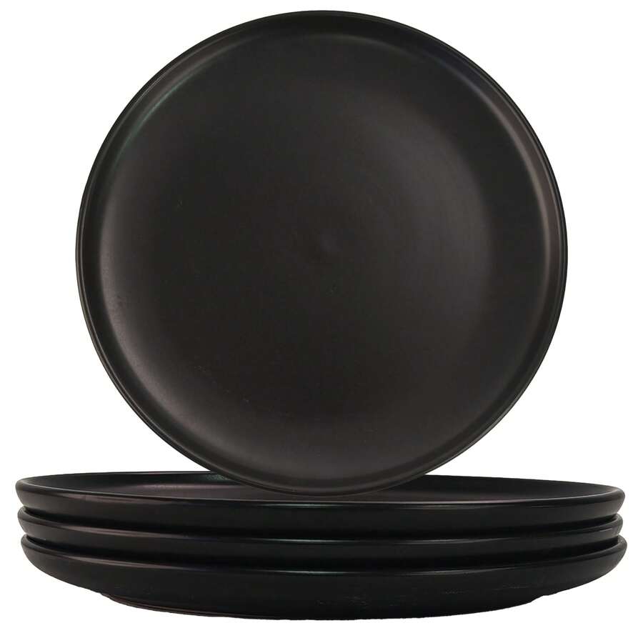 Bộ 4 đĩa ăn tối/salad bằng gốm sứ, viền lượn sóng, đường kính 7.5 inch, thích hợp dùng cho món tráng miệng, salad, khai vị, bữa tối nhỏ, v.v., an toàn khi sử dụng trong lò vi sóng và máy rửa chén, chống trầy xước, màu đen mờ. - màu đen - Xem 1