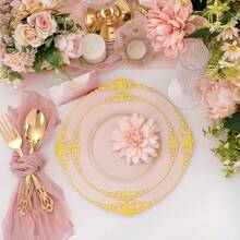 102PCS Pink Plastic Plates - Pink And Gold Plate - Heavyweight Disposable Plate With Gold Rim - Fancy Dinner & Dessert Plates For 51 Guests Weddings & Parties - 粉色 - 查看 3