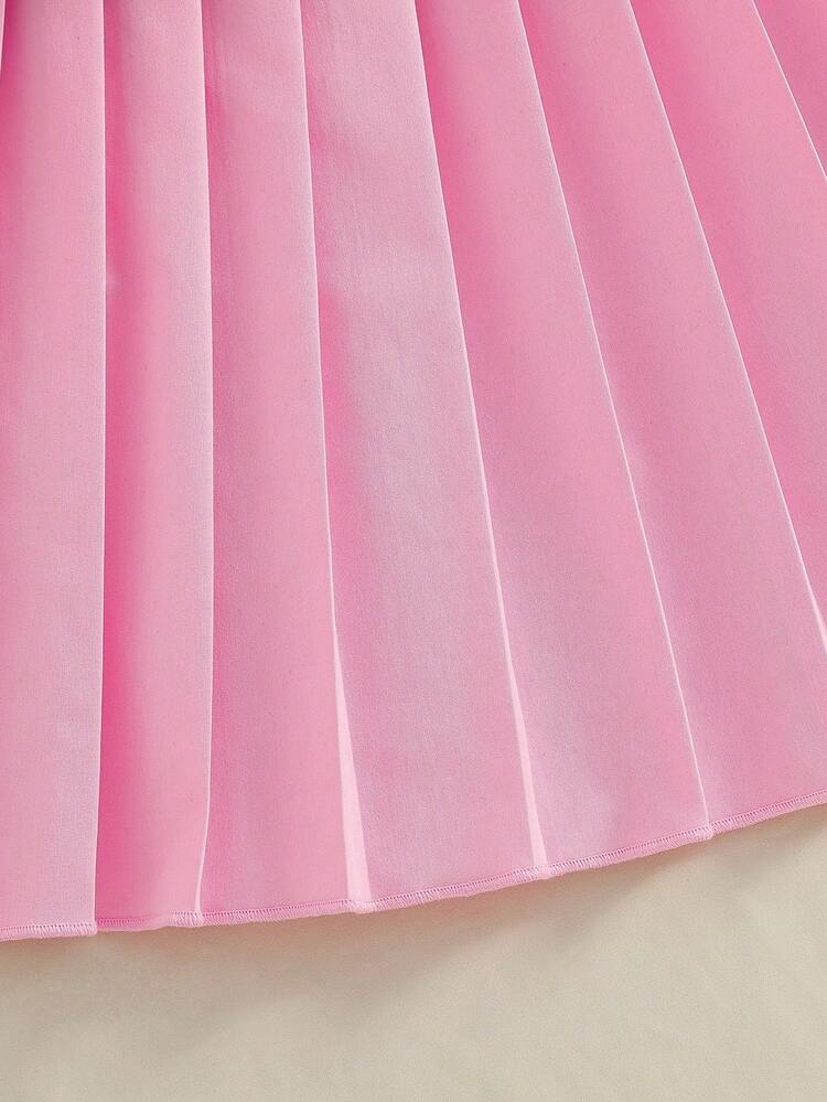 2件套女童4-7岁猫咪印花短袖上衣+百褶裙套装，适合休闲、运动、家庭出游 - 粉色 - 查看 6