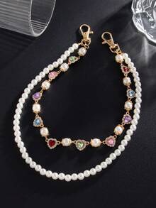 One Hip-Hop Style 3D Inlaid Heart-Shaped Rhinestone Round Geometric Faux Pearl Beaded Double-Layered Charm Jewelry Pant Chain. Rock Punk Design, Casual Retro, Suitable For Street Photography, Vacation Parties, Couples, And Fashionable Men's Metal Pant Chain Gift. - Pants Chain - View 6