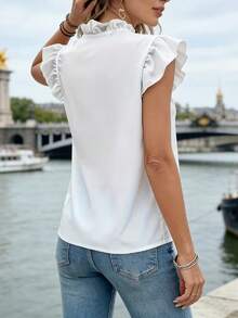 2026 Nueva blusa de verano con cuello en V y volantes en las mangas cortas, color blanco - Blanco - Ver 2