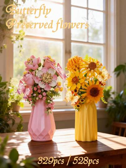 MOC Botanicals Collection Building Blocks Set Toy, Sunflowers/Roses/Violets/Carnations, Blocks Flower Bouquet For Adults,With Vase,Artificial Flower For Home Decor DIY Craft Kits - Gift For Birthdays/Christmas/Halloween/Valentine's Day/Mother's Day