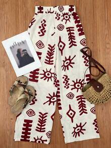 女士休闲度假阳光印花高腰宽松直筒裤，春夏款 - 紅白色 - 查看 2